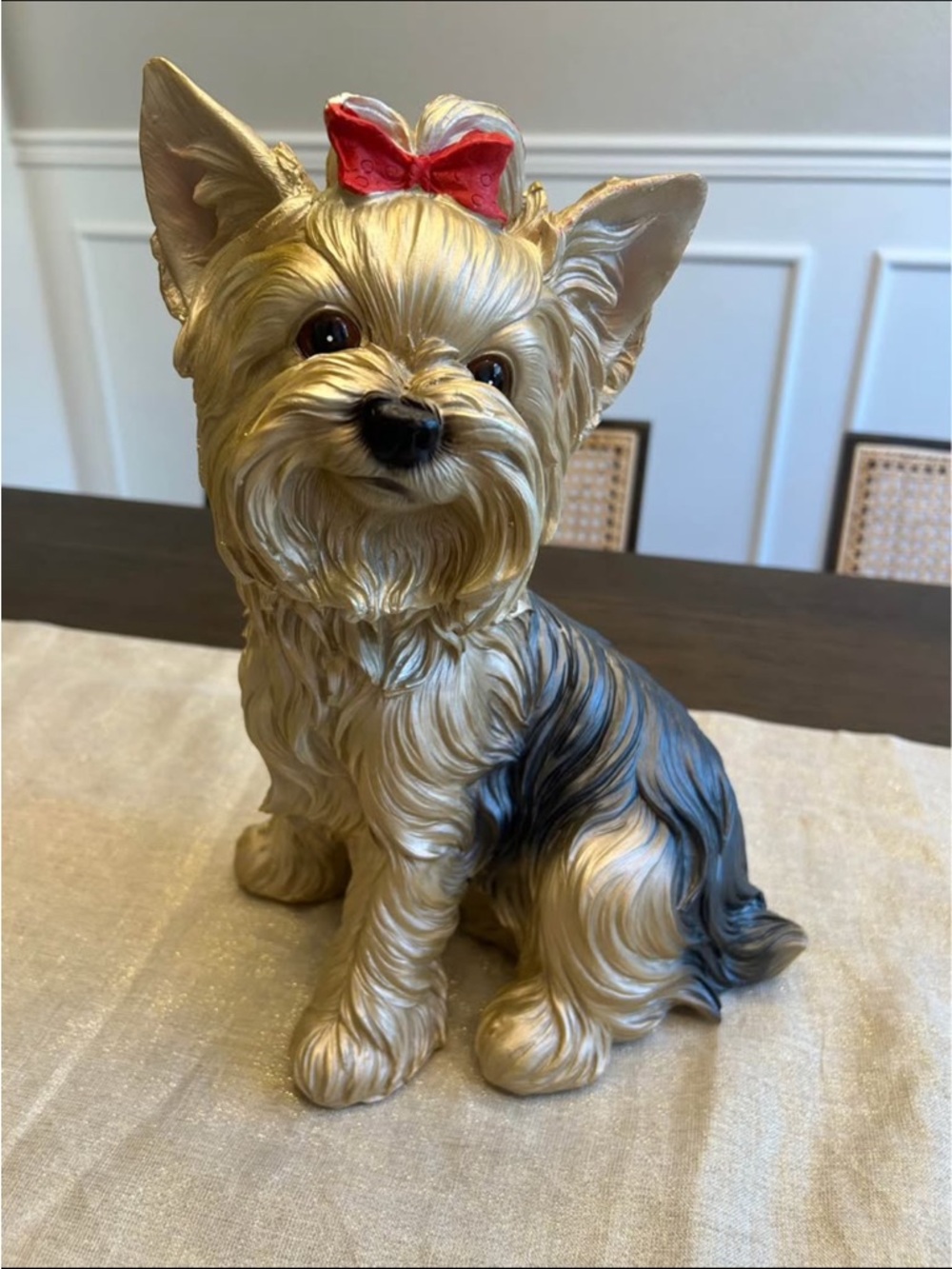 Gold and Black Yorkshire Terrier Figurine Statue with Red Bow - Home Accent